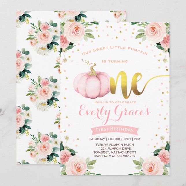 Pumpkin 1. Geburtstag Einladung Blush Pink Gold (Vorne/Hinten)