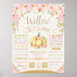 Pumpkin 1st Birthday Milestones Birth Stats Sign Poster