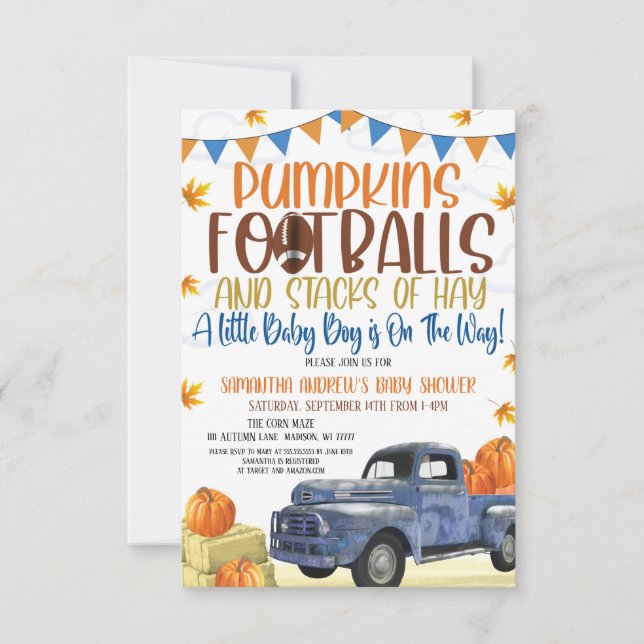 Pumpkin and Football Boy Baby Shower Einladung (Vorderseite)