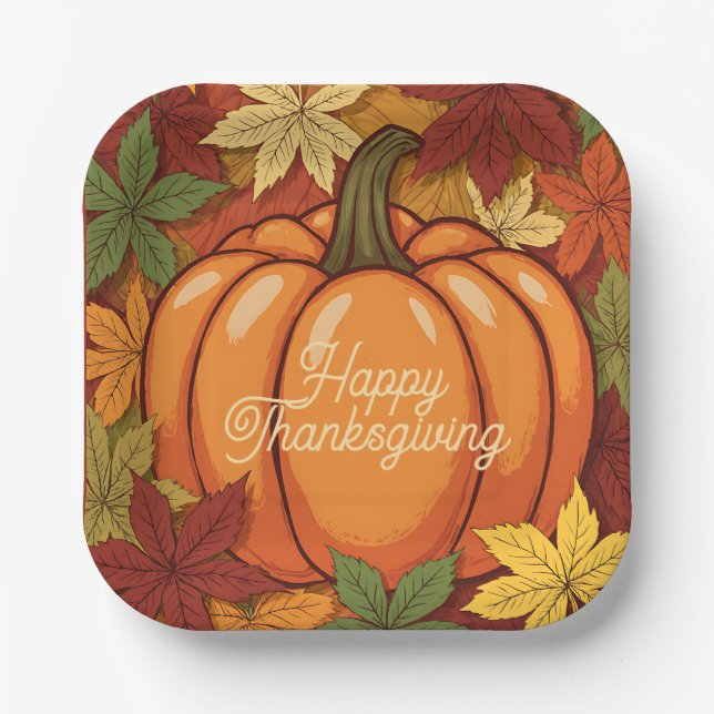 Pumpkin and Leaves Thanksgiving Pappteller (Vorderseite)