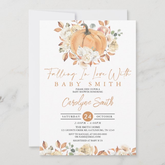 Pumpkin Autumn Floral Falling Baby Dusche Einladung (Vorderseite)