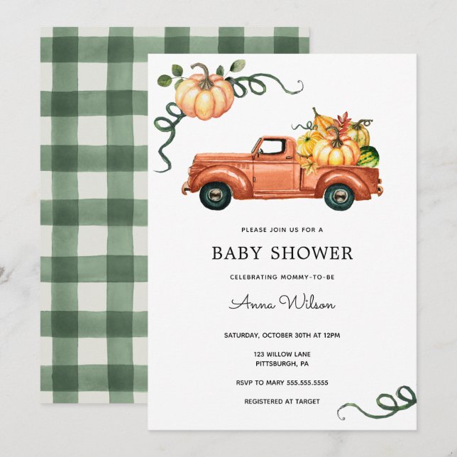 Pumpkin Autumn Truck Baby Dusche Einladung (Vorne/Hinten)