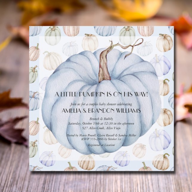 Pumpkin Baby Boy Shower Einladungen (Blue pumpkins boy baby square shower invitations, INSTANT DOWNLOAD and/or PRINTED)