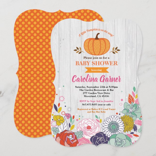 Pumpkin Baby Dusche Einladung Blume rustikal (Vorne/Hinten)