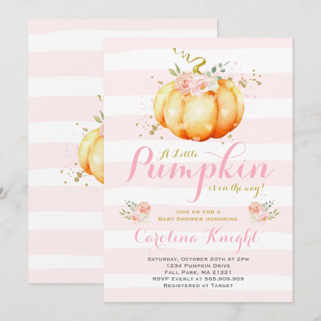 Pumpkin Baby Dusche Einladung Pink Gold Pumpkin (Vorne/Hinten)