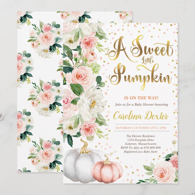 Pumpkin Baby Dusche Einladung Rosa und Gold Rosa r (Vorne/Hinten)