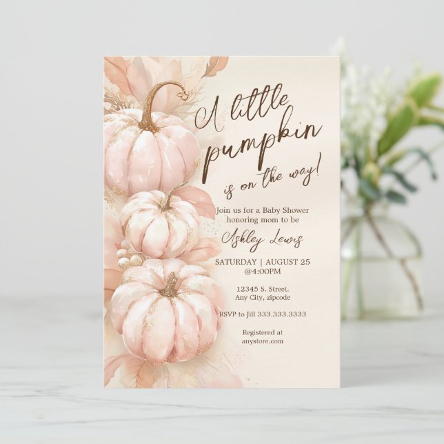 Pumpkin Baby Dusche Einladung, rot-pinke Kürbis Einladung (Stehend Vorderseite)