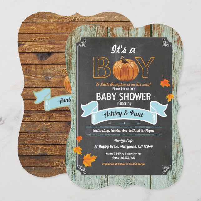 Pumpkin Baby Dusche Einladung rustikale Holzkreide (Vorne/Hinten)