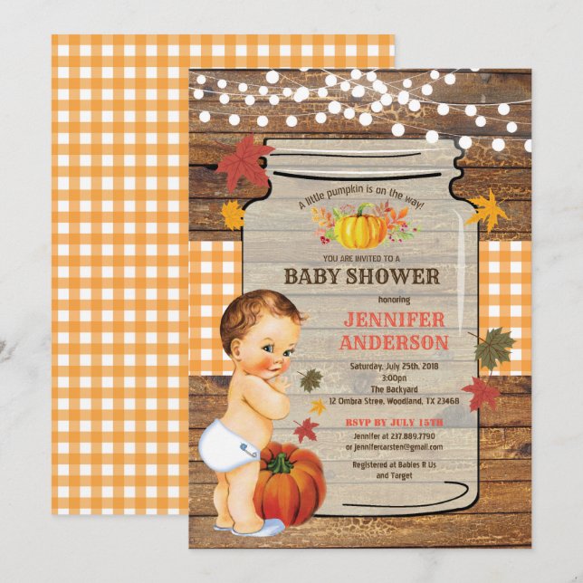 Pumpkin Baby Dusche Einladung rustikales Holz (Vorne/Hinten)