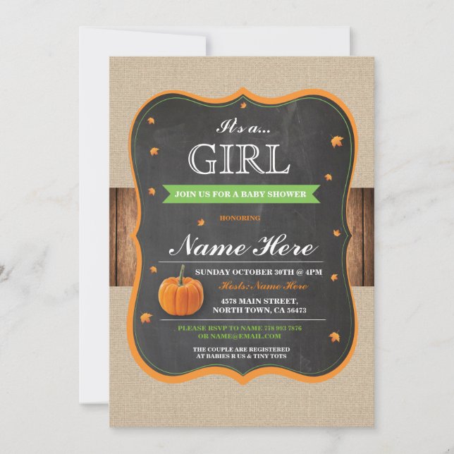 Pumpkin Baby Dusche Es ist ein Girl Party Holzwoll Einladung (Vorderseite)