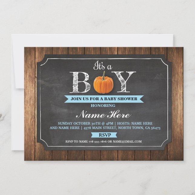 Pumpkin Baby Dusche Es ist eine Boy Wood Einladung (Vorderseite)