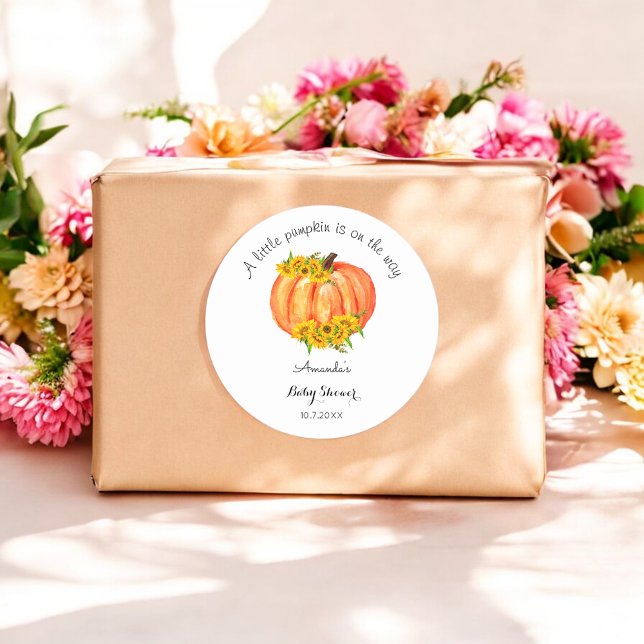 Pumpkin Baby Dusche Fall Orange weiße Sonnenblume Runder Aufkleber (Von Creator hochgeladen)
