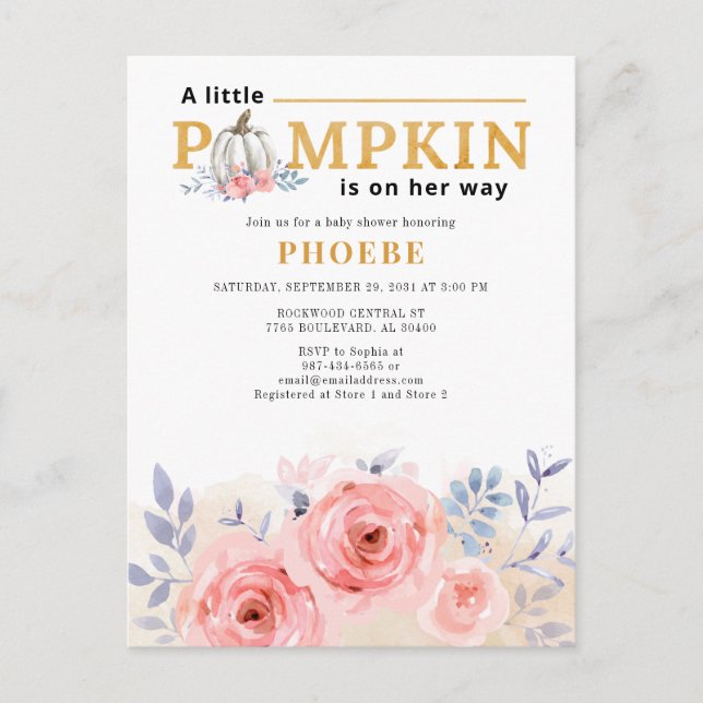 Pumpkin Baby Dusche Wasserfarbe Lilac Pink Roses Einladungspostkarte (Vorderseite)