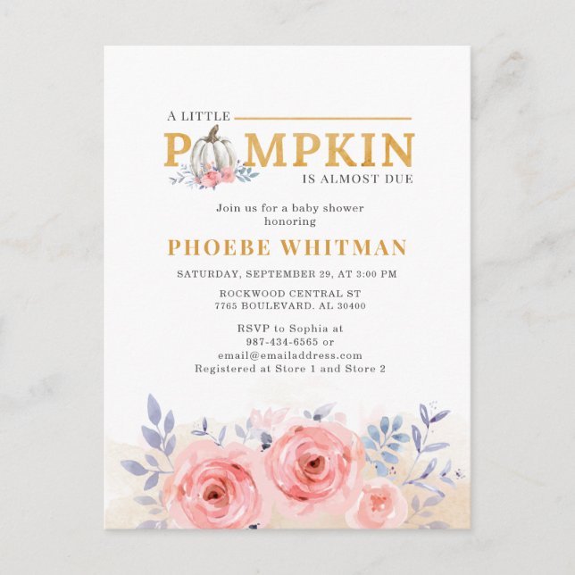 Pumpkin Baby Dusche Wasserfarbe Rosa Rosen Einladungspostkarte (Vorderseite)