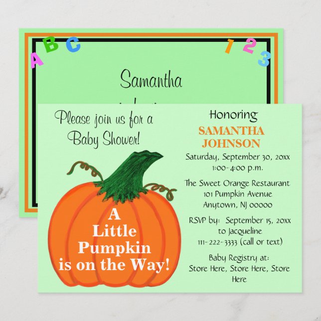 Pumpkin Baby Shower ABC 123 Einladung (Vorne/Hinten)