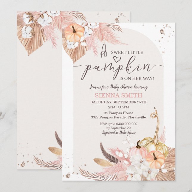 Pumpkin Baby Shower Einladung Boho Girl (Vorne/Hinten)