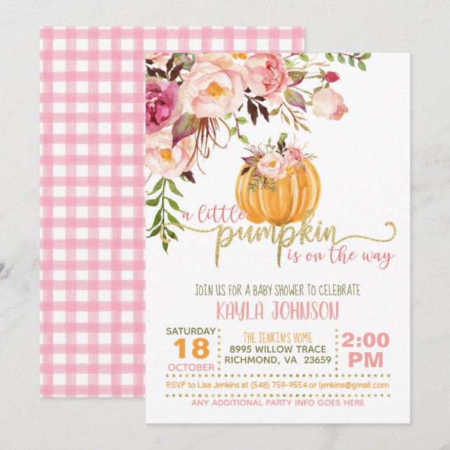 Pumpkin Baby Shower Einladung - Karierte Blüte (Vorne/Hinten)