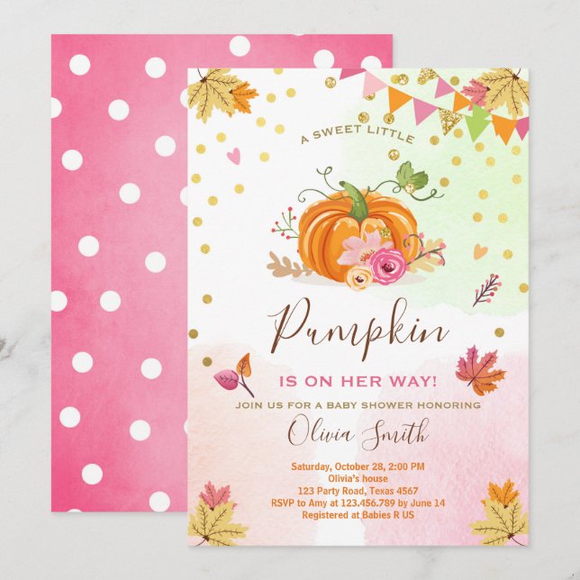 Pumpkin Babydusche Einladung Herbst Pink (Vorne/Hinten)