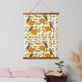 Pumpkin Basket Fall Leaves Wall Tapestry Wandteppich Mit Holzrahmen