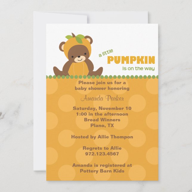 Pumpkin Bear Baby Dusche Einladung (Vorderseite)