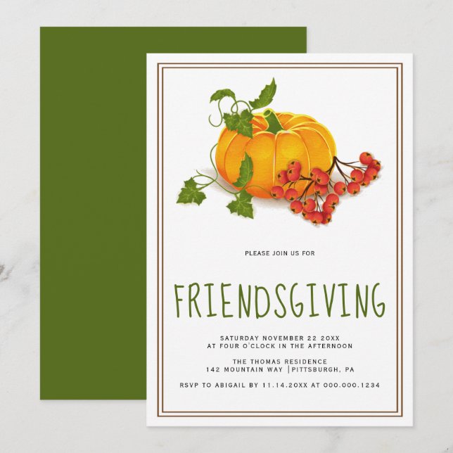 Pumpkin, Beeren und Braunrahmen Freundschaft Einladung (Vorne/Hinten)