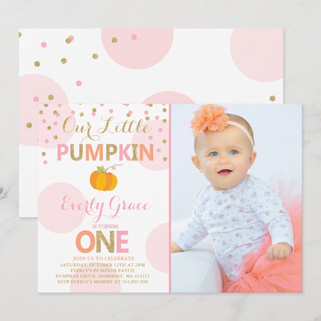 Pumpkin Birthday Einladung Pink Gold Pumpkin (Vorne/Hinten)
