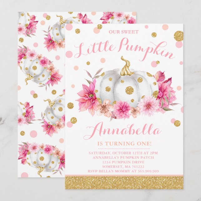 Pumpkin Birthday Einladung Pink Gold Pumpkin (Vorne/Hinten)