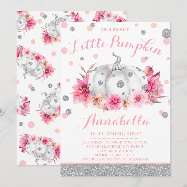 Pumpkin Birthday Einladung Pink Silver Pumpkin (Vorne/Hinten)