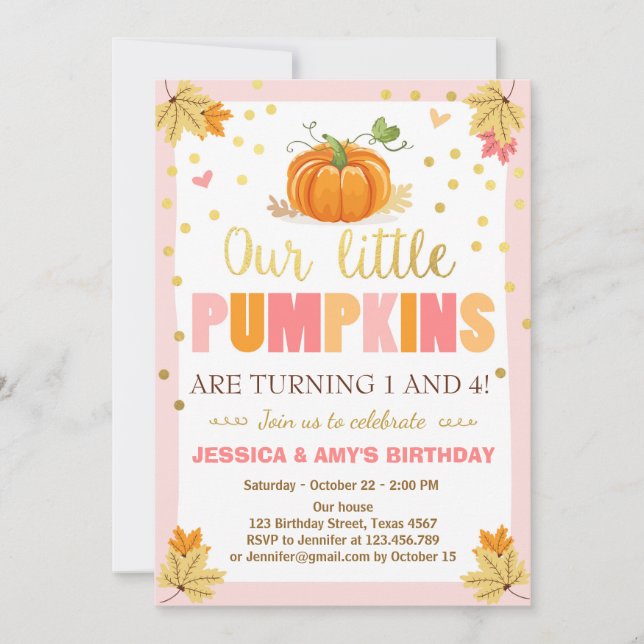 Pumpkin Birthday Einladung Pink Twin Joint Dual (Vorderseite)
