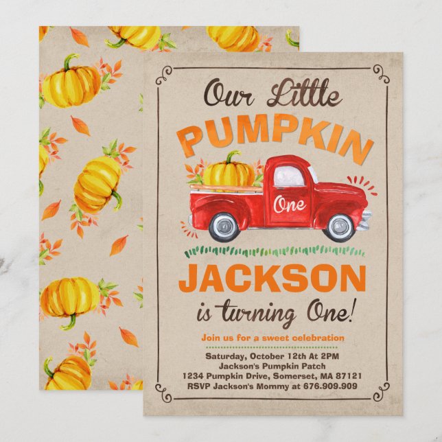 Pumpkin Birthday Einladung Pumpkin Truck Party (Vorne/Hinten)