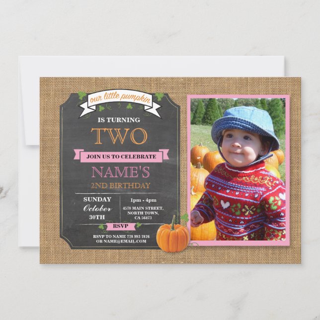 Pumpkin Birthday Party Ernte Foto Pink Einladung (Vorderseite)