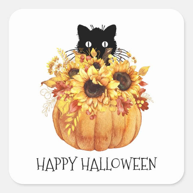 Pumpkin Black Cat Halloween Papiertüte Napkins Quadratischer Aufkleber (Vorderseite)