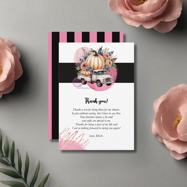 Pumpkin Black Pink Floral Truck Baby Dusche Dankeskarte (Von Creator hochgeladen)