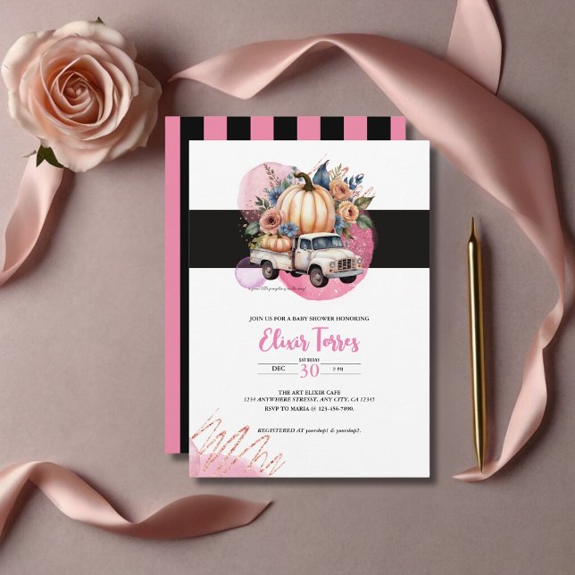 Pumpkin Black Pink Floral Truck Baby Dusche Einladung (Von Creator hochgeladen)