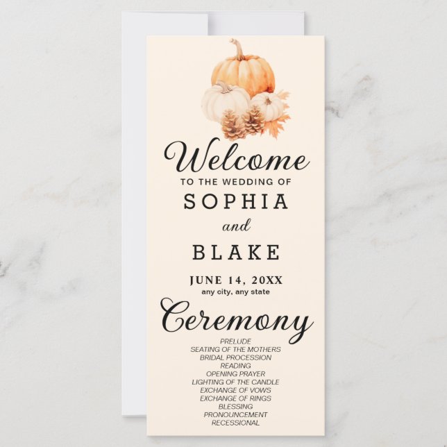 Pumpkin & Blätter Fall Almond Wedding Program (Vorderseite)