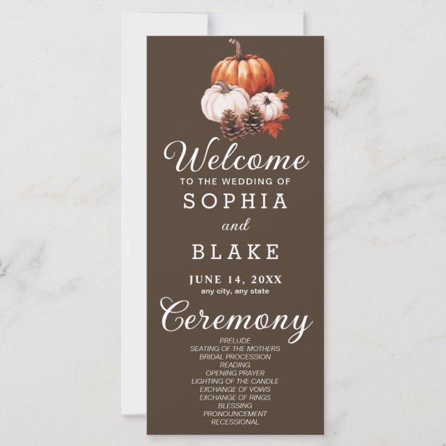 Pumpkin & Blätter Fall Cedar Brown Hochzeitsprogra (Vorderseite)