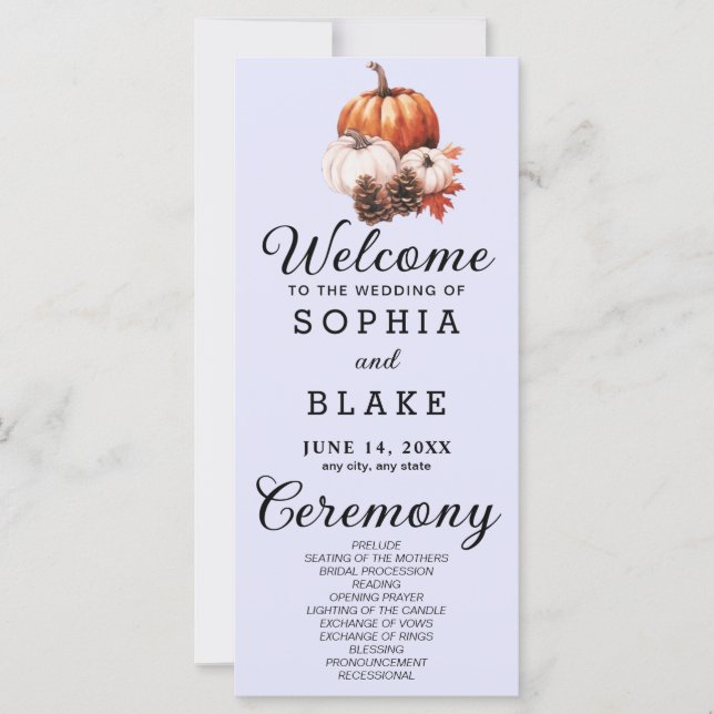 Pumpkin & Blätter Fall Lavender Wedding Programm (Vorderseite)