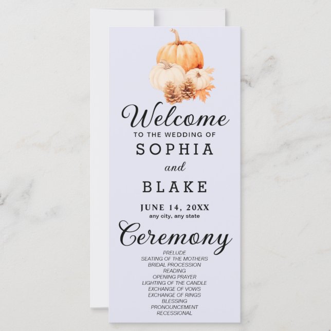 Pumpkin & Blätter Fall Lavender Wedding Programm (Vorderseite)