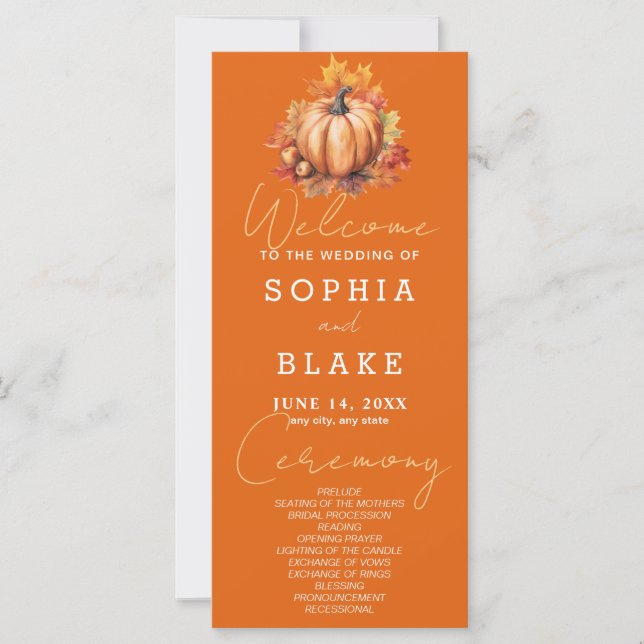 Pumpkin & Blätter Fall Orange Wedding Program (Vorderseite)