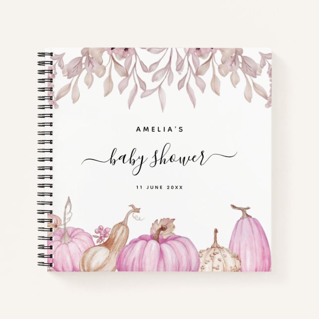 Pumpkin Blätter Fall Pink Baby Shower Gästebuch Notizbuch (Vorderseite)