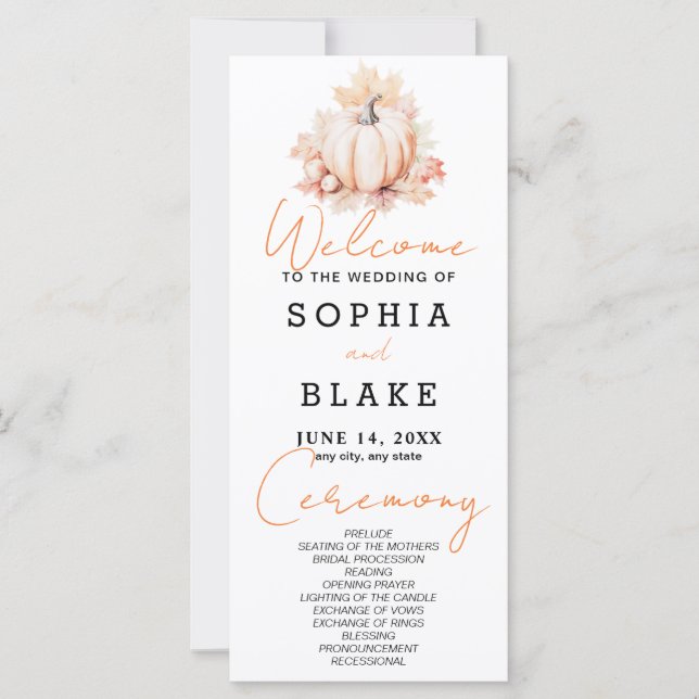 Pumpkin & Blätter Fall White Wedding Programm (Vorderseite)