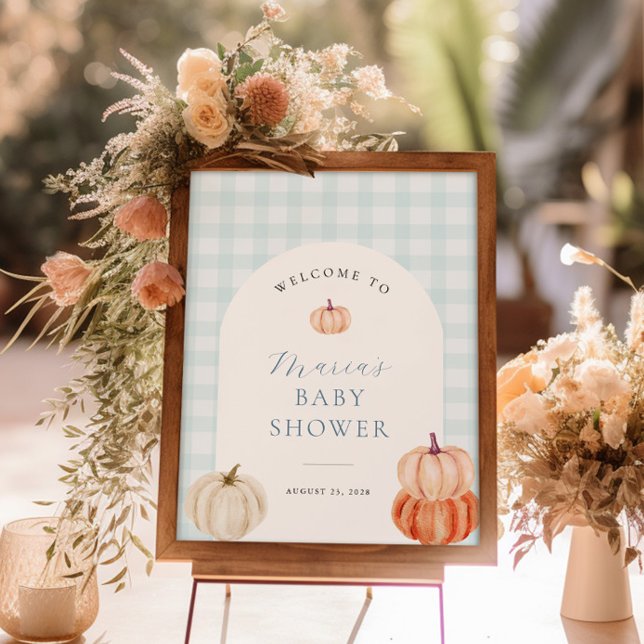 Pumpkin Blue Gingham Baby Dusche Willkommen Poster (Von Creator hochgeladen)