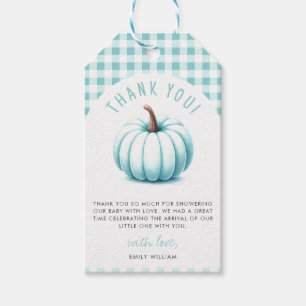 Pumpkin Blue Gingham Kariert Boy Baby Shower Geschenkanhänger