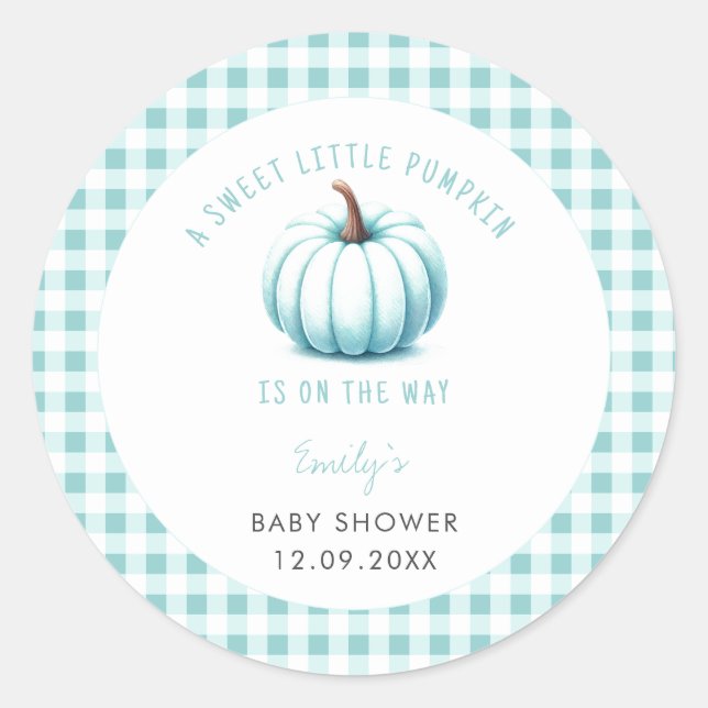 Pumpkin Blue Gingham Kariert Boy Baby Shower Runder Aufkleber (Vorderseite)