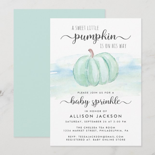 Pumpkin Blue Mint Watercolor Baby Sprinkle Einladung (Vorne/Hinten)