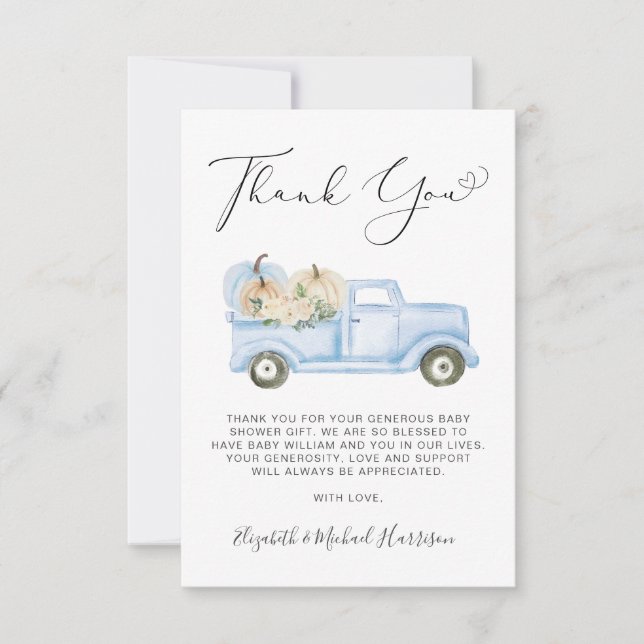Pumpkin Blue Truck Baby Boy Shower Thank You Card Dankeskarte (Vorderseite)