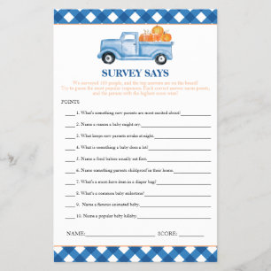 Pumpkin Blue Truck Survey sagt Baby Showgame Flyer