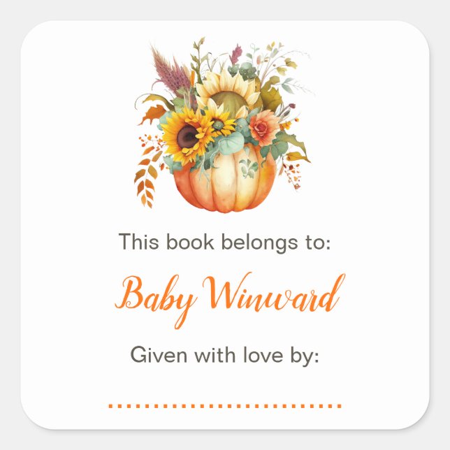 Pumpkin Blume Bouquet Baby Dusche Buchzeichen Quadratischer Aufkleber (Vorderseite)