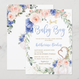 Pumpkin Blush Blue Floral Wreath Boy Baby Dusche Einladung