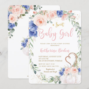 Pumpkin Blush Blue Floral Wreath Girl Baby Dusche Einladung